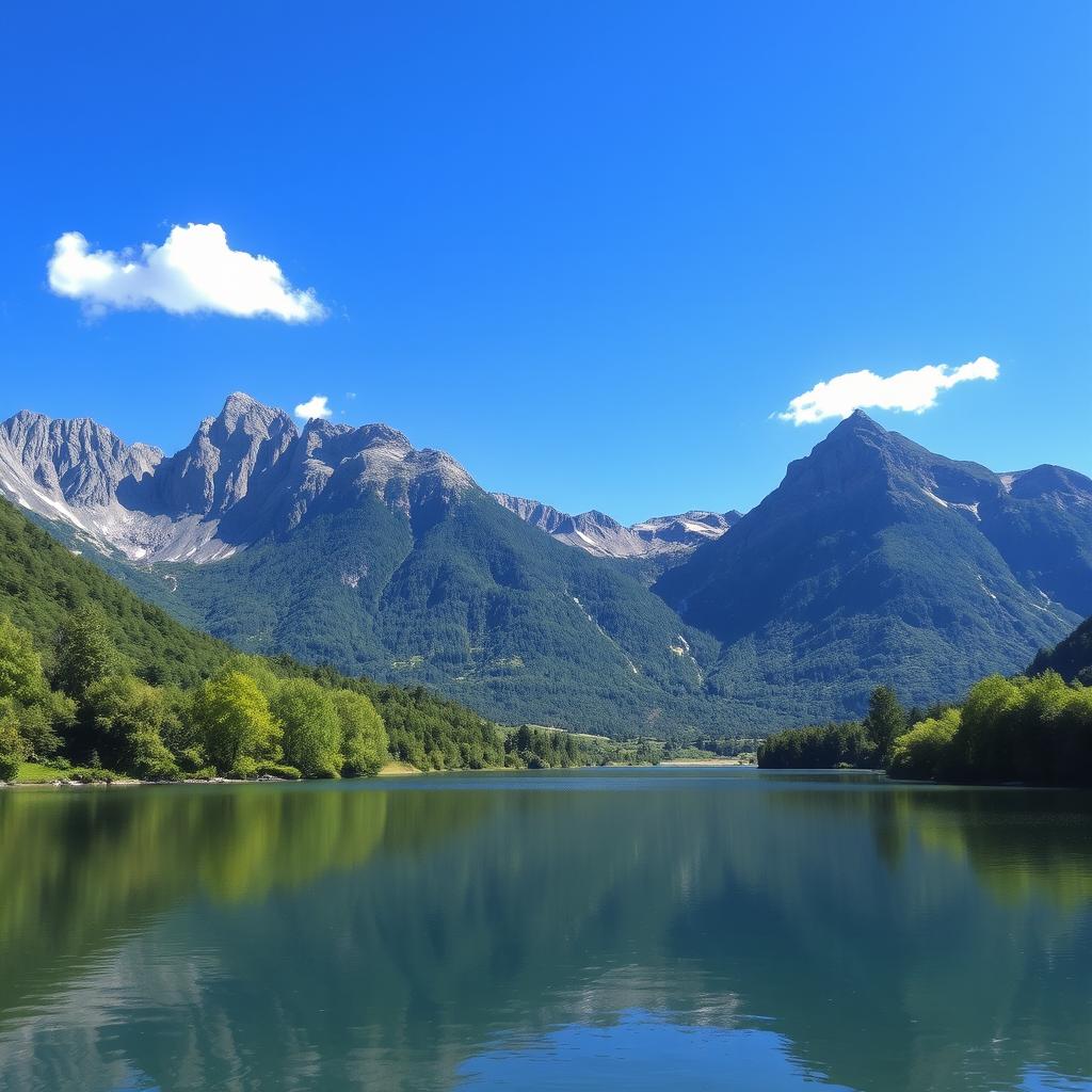 A serene landscape featuring a calm lake surrounded by lush greenery and tall mountains in the background, with a clear blue sky and a few fluffy clouds