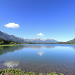 A serene landscape featuring a calm lake surrounded by lush greenery and tall mountains in the background, with a clear blue sky and a few fluffy clouds