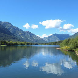 A serene landscape featuring a calm lake surrounded by lush greenery and tall mountains in the background, with a clear blue sky and a few fluffy clouds