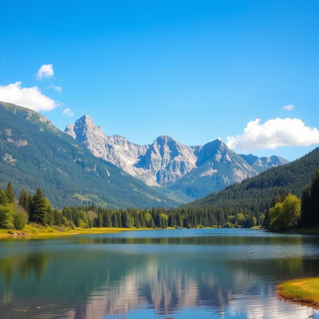 A serene landscape featuring a calm lake surrounded by lush greenery and tall mountains in the background, with a clear blue sky and a few fluffy clouds