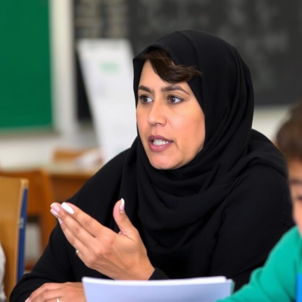 A female Egyptian teacher wearing a black veil that shows a little of her hair, sitting on a chair at school and explaining a lesson