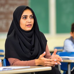 A female Egyptian teacher wearing a black veil that shows a little of her hair, sitting on a chair at school and explaining a lesson