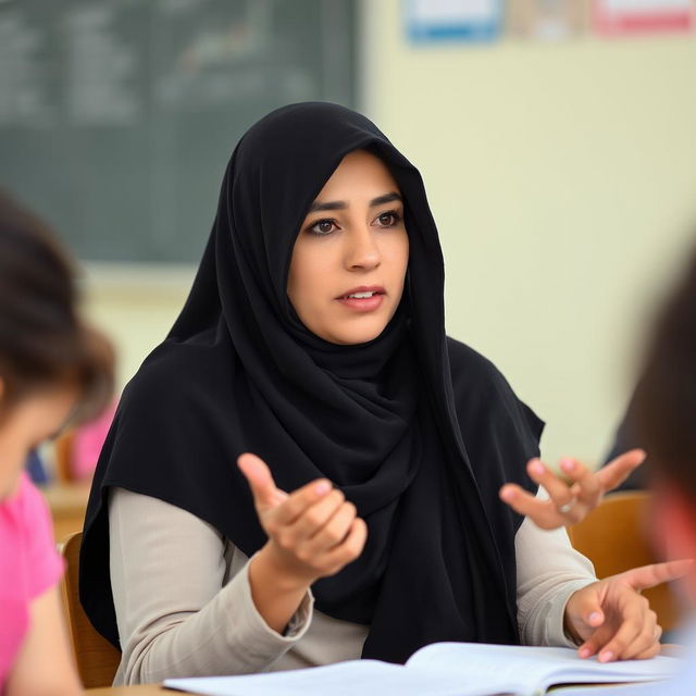 A female Egyptian teacher wearing a black veil that shows a little of her hair, sitting on a chair at school and explaining a lesson