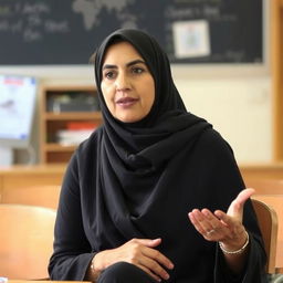 A female Egyptian teacher wearing a black veil that shows a little of her hair, sitting on a chair at school and explaining a lesson