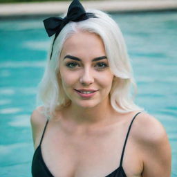 Boudoir photo of a girl 25 years, average build, with white hair in black swimsuit swimming. Proportional long square facial features, dimples in the cheeks, bow lips, large black eyebrows, smooth green medium eyes, swarthy skin.