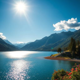 A beautiful landscape featuring a serene lake surrounded by mountains with a clear blue sky and a few fluffy clouds