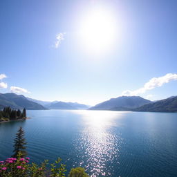 A beautiful landscape featuring a serene lake surrounded by mountains with a clear blue sky and a few fluffy clouds