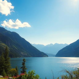 A beautiful landscape featuring a serene lake surrounded by mountains with a clear blue sky and a few fluffy clouds