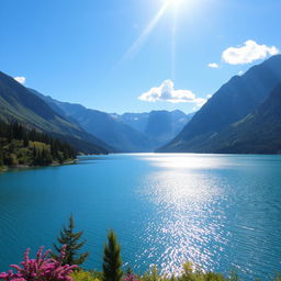 A beautiful landscape featuring a serene lake surrounded by mountains with a clear blue sky and a few fluffy clouds