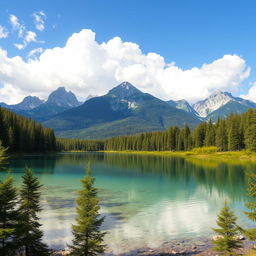 A serene landscape featuring a crystal-clear lake surrounded by lush green trees and majestic mountains in the background