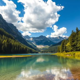 A serene landscape featuring a crystal-clear lake surrounded by lush green trees and majestic mountains in the background