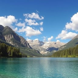 A serene landscape featuring a crystal-clear lake surrounded by lush green trees and majestic mountains in the background