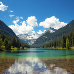 A serene landscape featuring a crystal-clear lake surrounded by lush green trees and majestic mountains in the background