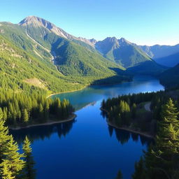 A beautiful landscape featuring a serene lake surrounded by lush green trees and mountains in the background under a clear blue sky