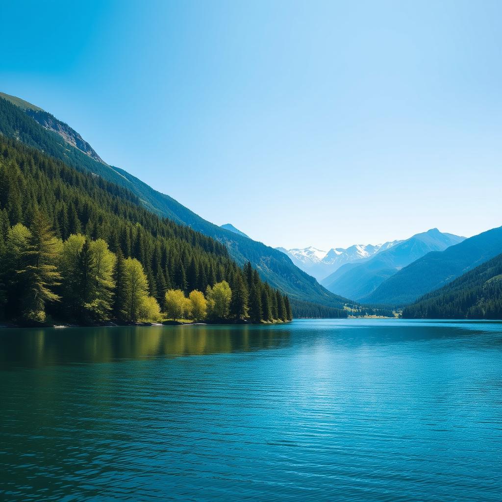 A beautiful landscape featuring a serene lake surrounded by lush green trees and mountains in the background under a clear blue sky