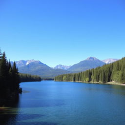 A beautiful landscape featuring a serene lake surrounded by lush green trees and mountains in the background under a clear blue sky