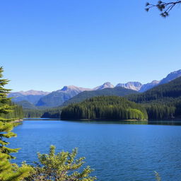 A beautiful landscape featuring a serene lake surrounded by lush green trees and mountains in the background under a clear blue sky