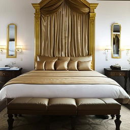 A luxurious, king-sized bed with rich satin sheets, plush pillows, an ornate headboard and gold accents.