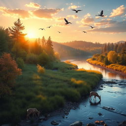 Create an image of a serene landscape with a peaceful river flowing through a lush forest