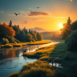 Create an image of a serene landscape with a peaceful river flowing through a lush forest