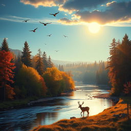 Create an image of a serene landscape with a peaceful river flowing through a lush forest