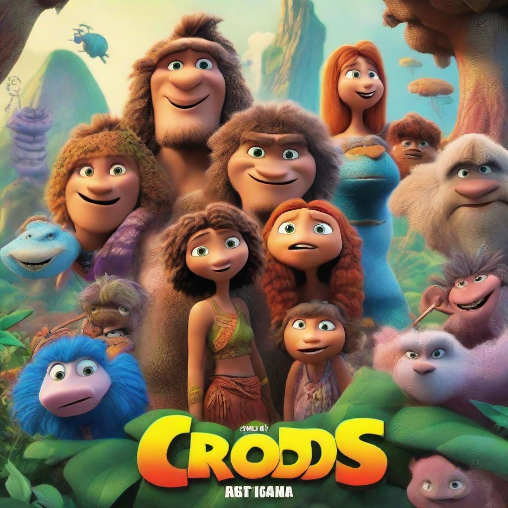 A vibrant and colorful movie poster for 'The Croods 3: The Leaned (2089)' featuring the Croods family in a futuristic setting