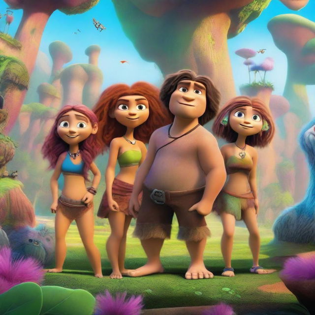 A vibrant and colorful movie poster for 'The Croods 3: The Leaned (2089)' featuring the Croods family in a futuristic setting