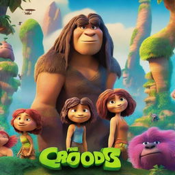 A vibrant and colorful movie poster for 'The Croods 3: The Leaned (2089)' featuring the Croods family in a futuristic setting