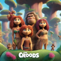 A vibrant and colorful movie poster for 'The Croods 3: The Leaned (2089)' featuring the Croods family in a futuristic setting