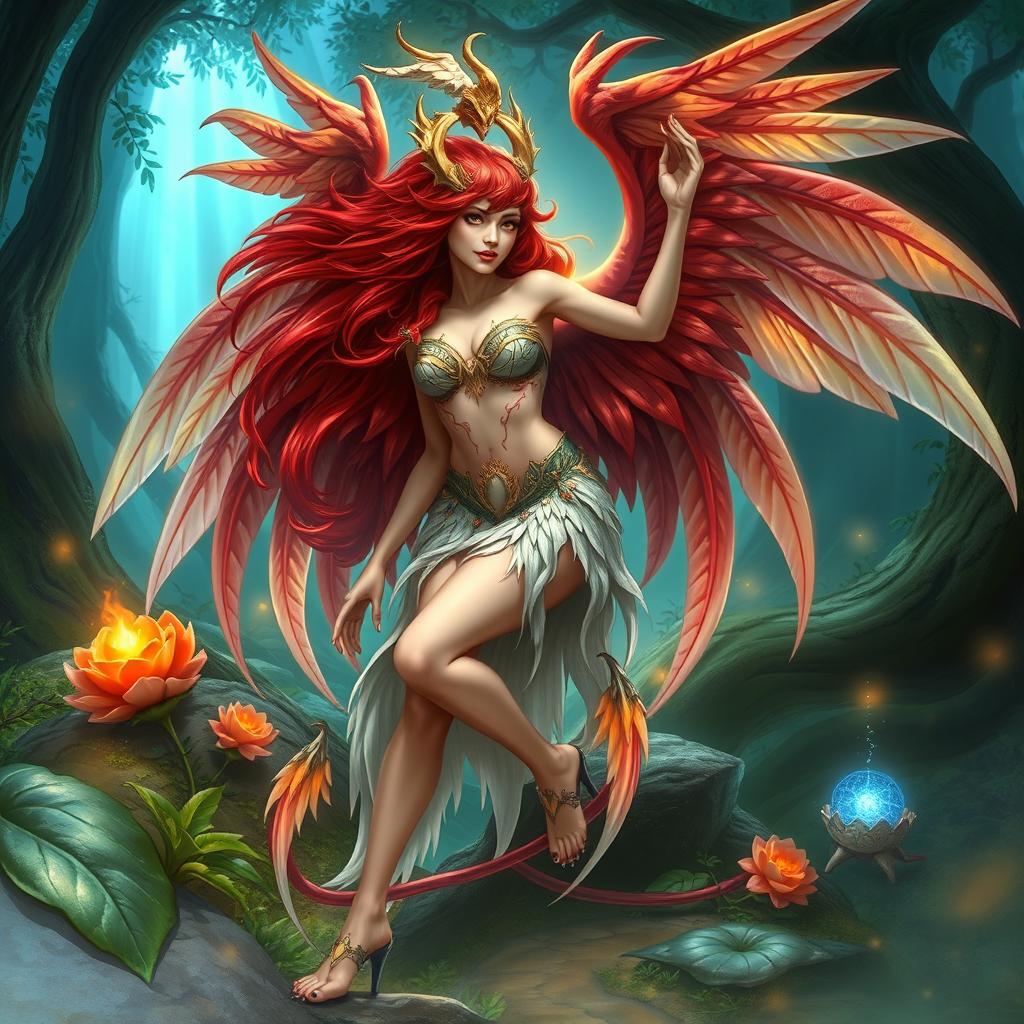 A stunning fantasy harpy lady with vibrant red hair, majestic wings, and bird-like legs