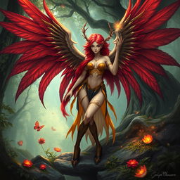 A stunning fantasy harpy lady with vibrant red hair, majestic wings, and bird-like legs