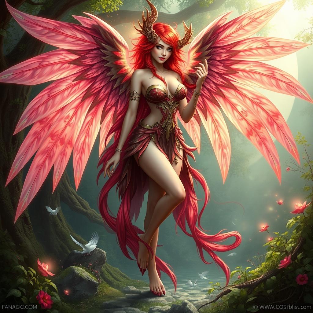 A stunning fantasy harpy lady with vibrant red hair, majestic wings, and bird-like legs