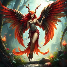 A stunning fantasy harpy lady with vibrant red hair, majestic wings, and bird-like legs