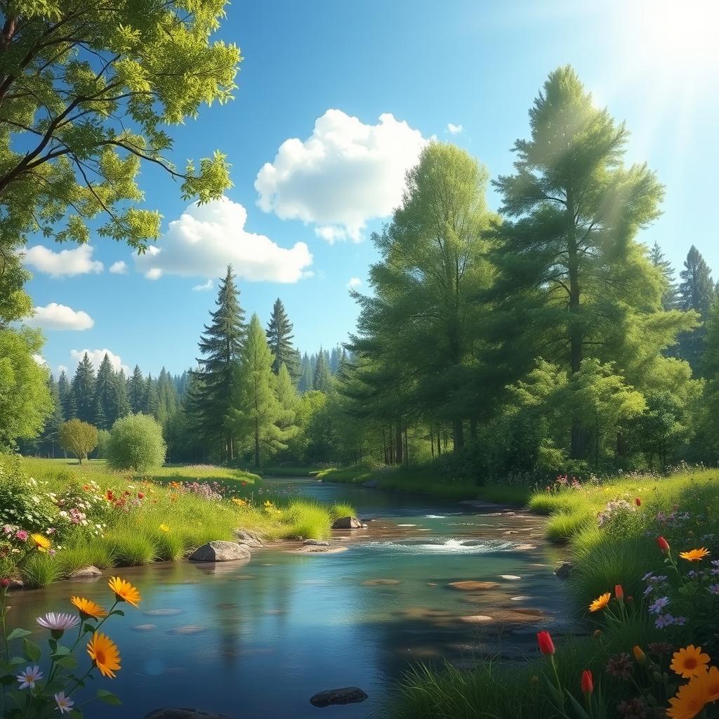 Create a beautiful and serene landscape featuring a calm river flowing through a lush forest with colorful flowers and tall trees