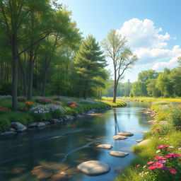 Create a beautiful and serene landscape featuring a calm river flowing through a lush forest with colorful flowers and tall trees