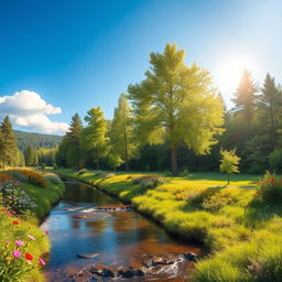 Create a beautiful and serene landscape featuring a calm river flowing through a lush forest with colorful flowers and tall trees