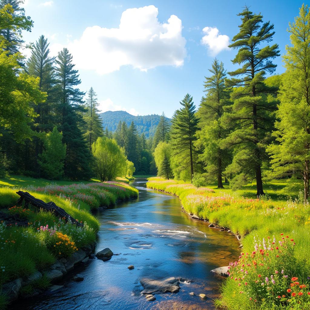 Create a beautiful and serene landscape featuring a calm river flowing through a lush forest with colorful flowers and tall trees