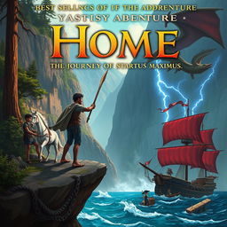 Create a YA fantasy adventure book cover for a best-selling book titled 'Home: The Journey Of Startus Maximus