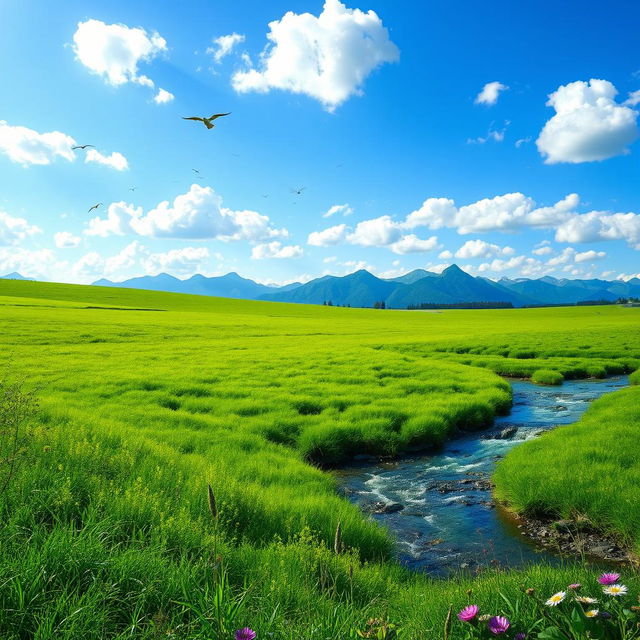 A serene landscape featuring a lush green meadow with a clear blue sky, dotted with fluffy white clouds