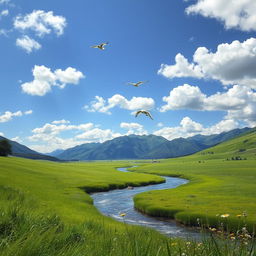 A serene landscape featuring a lush green meadow with a clear blue sky, dotted with fluffy white clouds