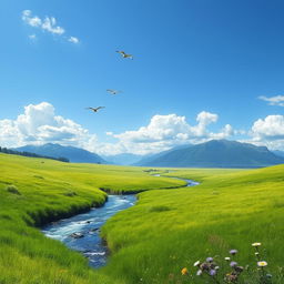 A serene landscape featuring a lush green meadow with a clear blue sky, dotted with fluffy white clouds