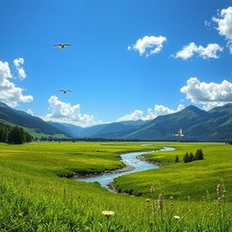 A serene landscape featuring a lush green meadow with a clear blue sky, dotted with fluffy white clouds