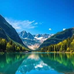 Create an image of a beautiful mountain landscape with a clear blue sky, lush green trees, and a serene lake reflecting the scenery