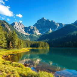 Create an image of a beautiful mountain landscape with a clear blue sky, lush green trees, and a serene lake reflecting the scenery