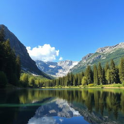 Create an image of a beautiful mountain landscape with a clear blue sky, lush green trees, and a serene lake reflecting the scenery