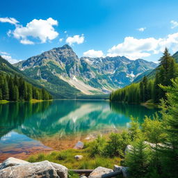 Create an image of a beautiful mountain landscape with a clear blue sky, lush green trees, and a serene lake reflecting the scenery