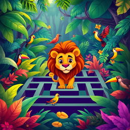 Design a maze set in a dense jungle where a cartoon lion is searching for its pride