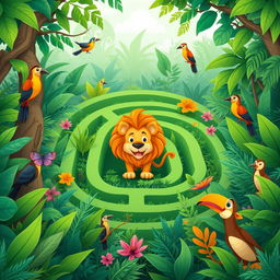 Design a maze set in a dense jungle where a cartoon lion is searching for its pride