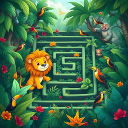 Design a maze set in a dense jungle where a cartoon lion is searching for its pride