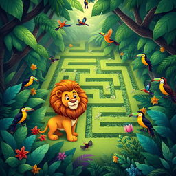 Design a maze set in a dense jungle where a cartoon lion is searching for its pride